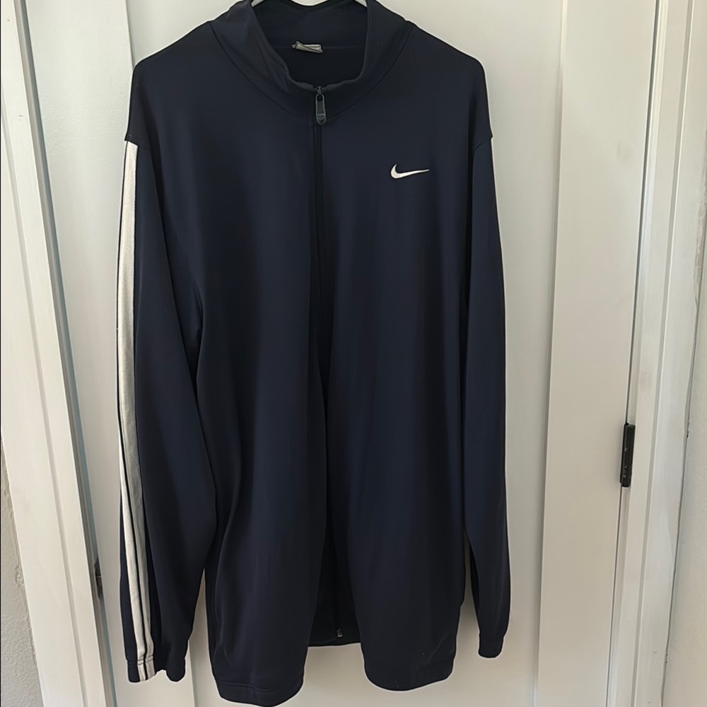 Vintage Nike Dark Blue Zip-Up Jacket with White Stripes